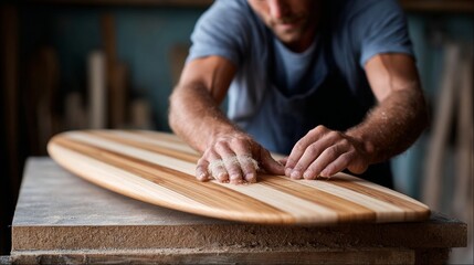 Craftsman sanding a wooden surfboard in a workshop, focusing on the texture and grain of the wood for a smooth finish