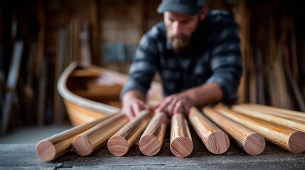 Carpenter meticulously choosing wooden poles in a rustic workshop setting with a wooden boat in the background