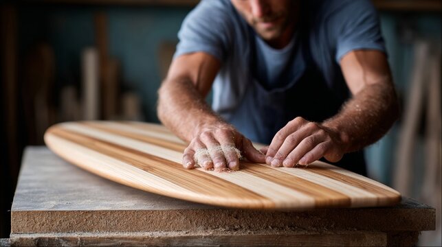 Craftsman sanding a wooden surfboard in a workshop, focusing on the texture and grain of the wood for a smooth finish
