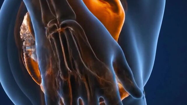 Anatomical rendering showing the pelvic bone structure and veins in orange and blue hues on dark background