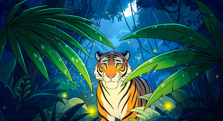 A lonely tiger with a thoughtful expression resting in a dense, magical jungle at night, surrounded by glowing fireflies