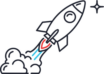 Simple line art illustration of a rocket ship blasting off into space, leaving a trail of smoke and flames, with a star in the background