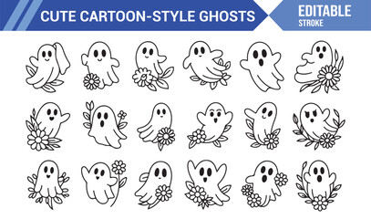 Cartoon Ghost Vector Set – Cute and Scary Halloween Line Illustrations