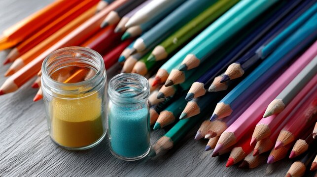 Assorted colorful pencils and small jars of colorful pigment on a wooden surface