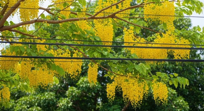 Vibrant Cassia Fistula Tree with Cascading Yellow Flowers. Golden Shower Tree in Bloom with Power Lines. Lush Green Foliage with Bright Yellow Blossoms. - Powered by Adobe