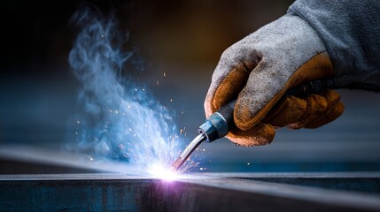 Close-up of a gloved hand performing metal welding with sparks and smoke visible