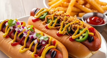 Delicious Hot Dogs With Mustard Ketchup And Fresh Toppings