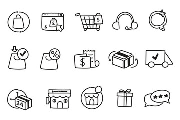 set of e-commerce business hand drawn icons, website, drawing, vector illustrations, online shop, buy, payment, receive product, finance