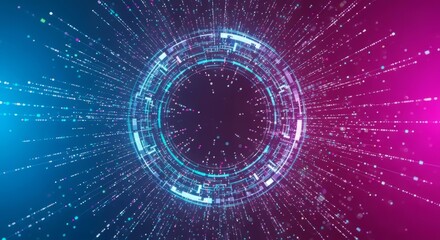 A futuristic digital interface featuring a glowing circular ring composed of segmented neon elements in shades of blue and purple. The ring radiates outward with light particles, creating a dynamic bu