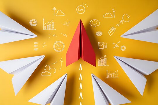 A red paper airplane leading white paper airplanes, symbolizing leadership, innovation, and standing out from the crowd, set against a yellow background, creating a dynamic image