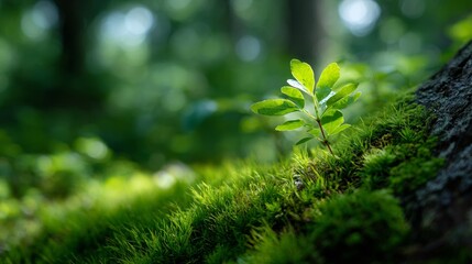 A vibrant green leaf sprouting amidst lush moss in a serene forest setting, capturing the essence of nature and growth