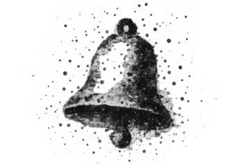 Bell icon with rough charcoal texture in black and white, representing notification or alert concepts, on transparent background