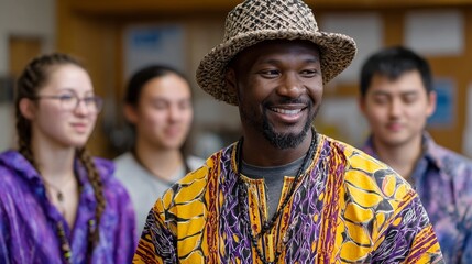 Group of diverse people smiling and interacting in a casual setting, with focus on the man in traditional attire