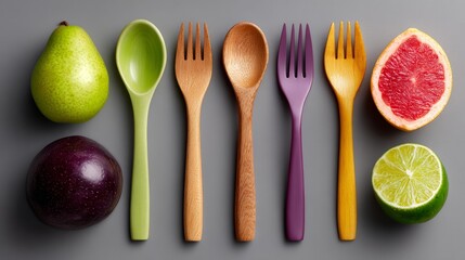 Colorful Arrangement of Fruits and Wooden Utensils on a Gray Background for Kitchen and Dining Concepts