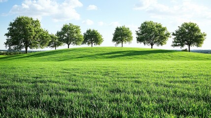 Obraz premium Lush green field with a line of trees atop a rolling hill under a clear, blue sky