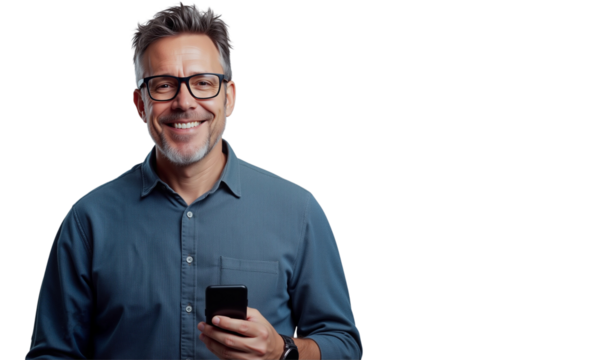 Smiling man with glasses holding a smartphone, Perfect for showcasing technology, communication, and modern lifestyles with copy space