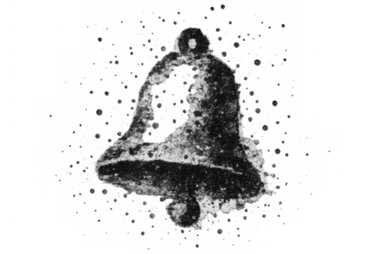 Bell icon with rough charcoal texture in black and white, representing notification or alert concepts, on transparent background
