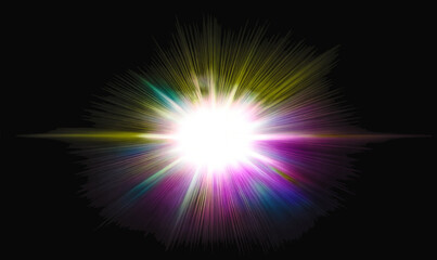 Cosmic Radiance – Multicolor Starburst Light Flare on Black Background Brilliant multicolor starburst flare glowing on a dark background. Radiant beams of light in pink abstract background vector