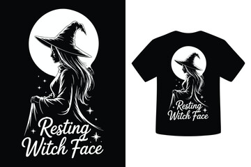 Spooky halloween witch silhouette design with resting witch face text for apparel