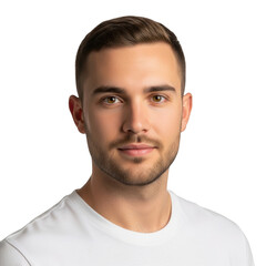 Obraz premium A close up portrait of a young caucasian man with short brown hair and a light beard wearing a white t shirt isolated on transparent background