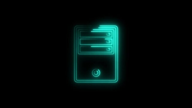 Teal neon computer tower icon on black background desktop