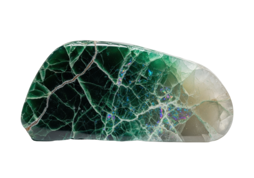 Large, emerald green ancient stone slab with natural color gradient, iridescent crystalline fissures like a hidden galaxy, on a transparent background with copy space, soft studio light, concept of