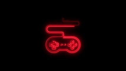 Red neon outline of a video game controller with cord on black gamepad joystick - Powered by Adobe