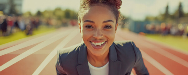 Confident businesswoman smiling brightly on running track outdoors