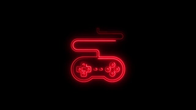 Red neon outline of a video game controller with cord on black gamepad joystick - Powered by Adobe