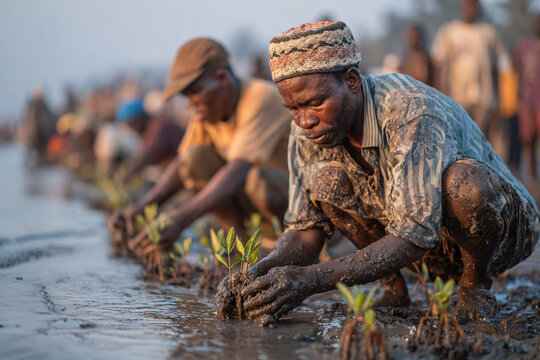 A lively scene of villagers planting young mangrove saplings along the shoreline during the Mangrove Festival in Mozambique. People of all ages work together with joy and pride