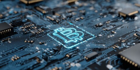 Glowing digital currency symbol illuminates complex electronic circuit board circuitry