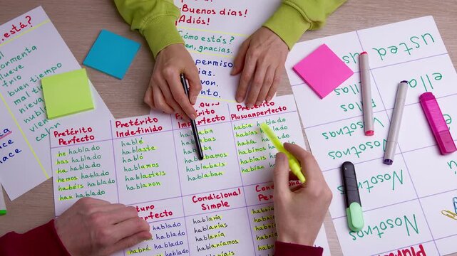 Education and grammar concepts. A Spanish teacher writes down vocabulary for students.