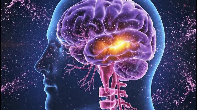 Glowing brain activity neurons firing in human head profile medical science concept digital animation - Powered by Adobe