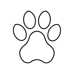 A simple white paw print graphic with five distinct pads representing a dog or cat s footprint isolated on white background