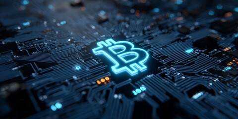 Glowing digital currency symbol illuminates complex electronic circuitry in a futuristic setting