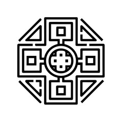 Abstract geometric symbol with interconnected squares and a central circular cross shape isolated on white background