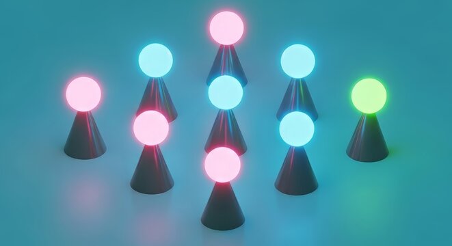 A minimalist arrangement of glowing neon spheres placed above cone-shaped bases, creating a futuristic and symmetrical composition. The lights feature soft pastel hues such as pink, blue, and teal aga
