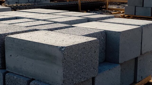 Numerous gray concrete building blocks neatly stacked on wooden pallets. Construction materials stored outdoors, ready for building a new project