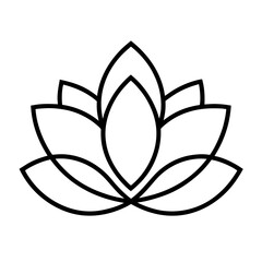 Stylized white lotus flower symbol with petals and outline isolated on white background