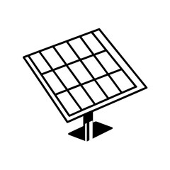A simple white line drawing of a solar panel on a stand isolated on white background