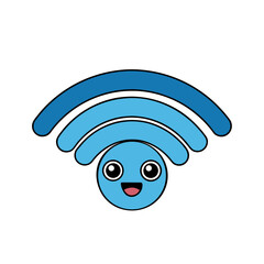 Cute blue smiling wifi symbol character with big eyes and open mouth isolated on white background