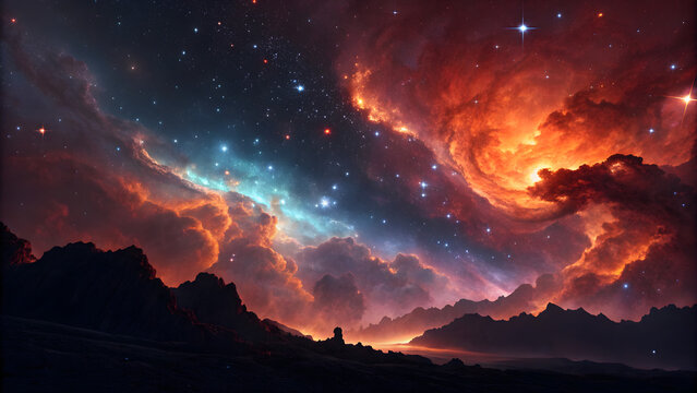 Stunning cosmic nebula ablaze with vibrant orange and turquoise light illuminating distant alien mountain ranges under a starry sky