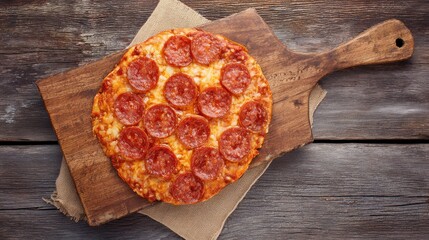 hunger. A delicious pepperoni pizza sits on a rustic wooden board, captured from an overhead angle. representing modern convenience.