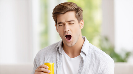 Young man yawning while holding coffee mug in bright morning light, concept of tiredness, routine and everyday life.