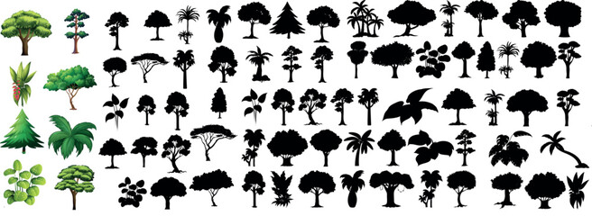 Tree Line Silhouette Drawing Set – Outline Trees in Side View, Landscape and Architecture Design Elements Vector