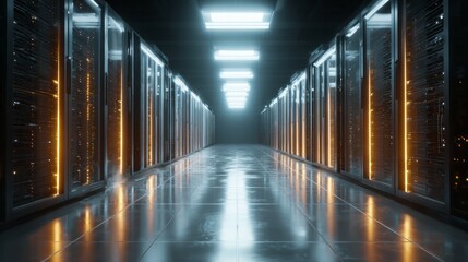 Illuminated digital storage units line a long, dark equipment room corridor.