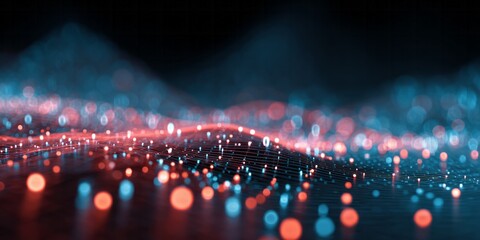 Digital glowing particles create an abstract wave pattern across a dark futuristic landscape