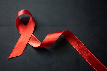 Red ribbon for HIV/AIDS awareness on a dark background. A symbol of solidarity, support for patients, and the fight for prevention and a cure.
 Generative Ai.