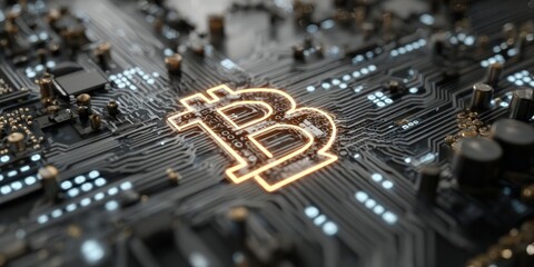 Glowing digital currency symbol illuminates intricate electronic circuit board circuitry
