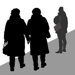 Vector silhouettes of three women in warm winter clothes with bags. Two women are seen from behind, and the girl is seen from the side.